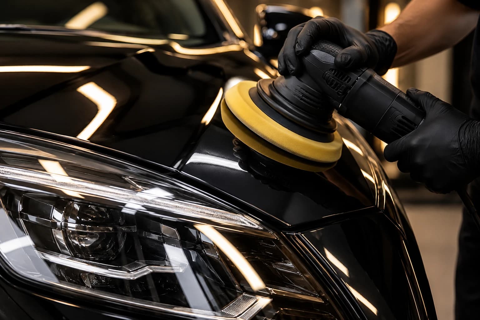 Politriz com boina amarela polindo a pintura de um carro preto