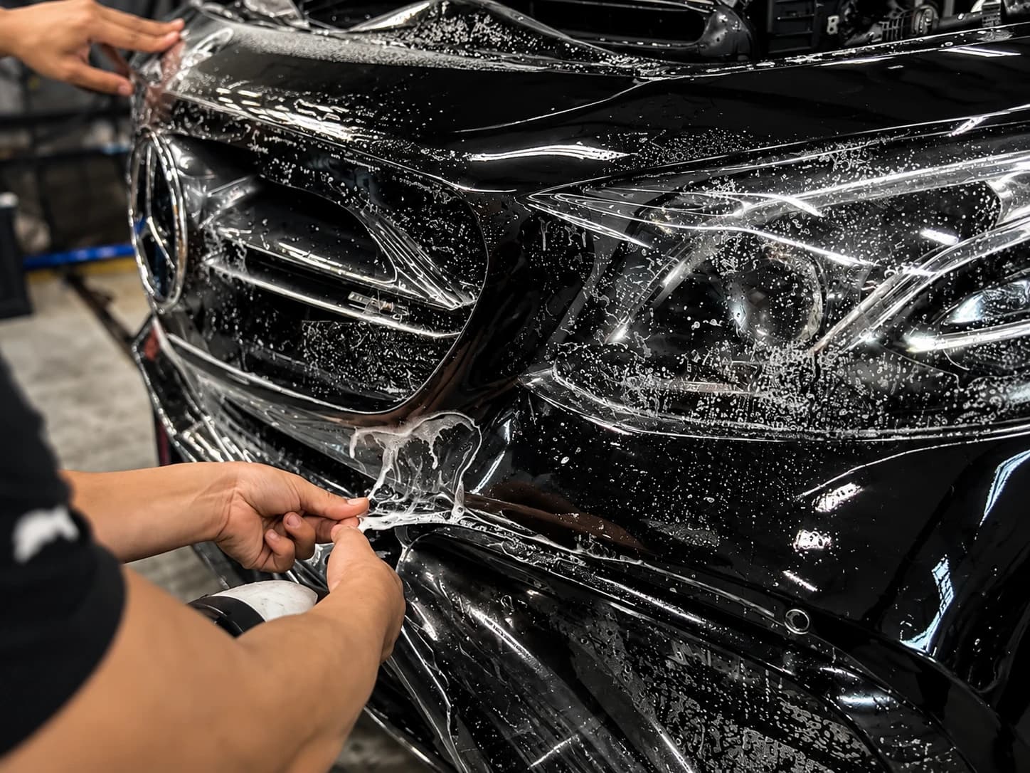 Aplicação de película de proteção na dianteira de um carro preto