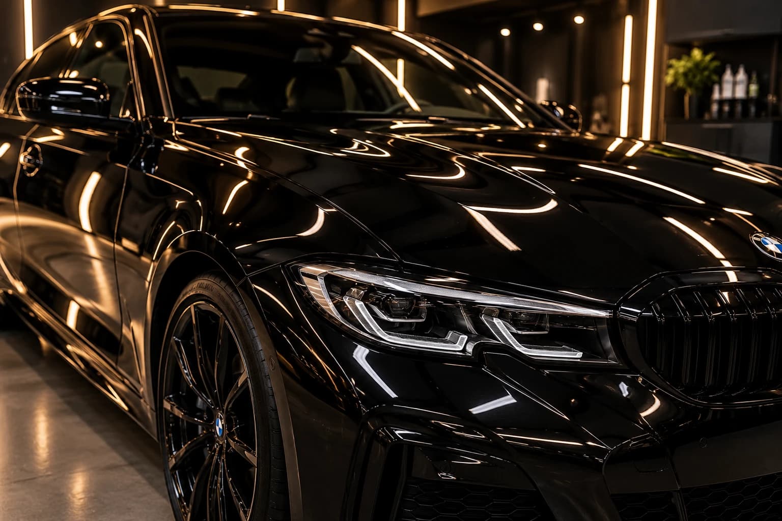 Carro preto com pintura espelhada sob iluminação de estúdio