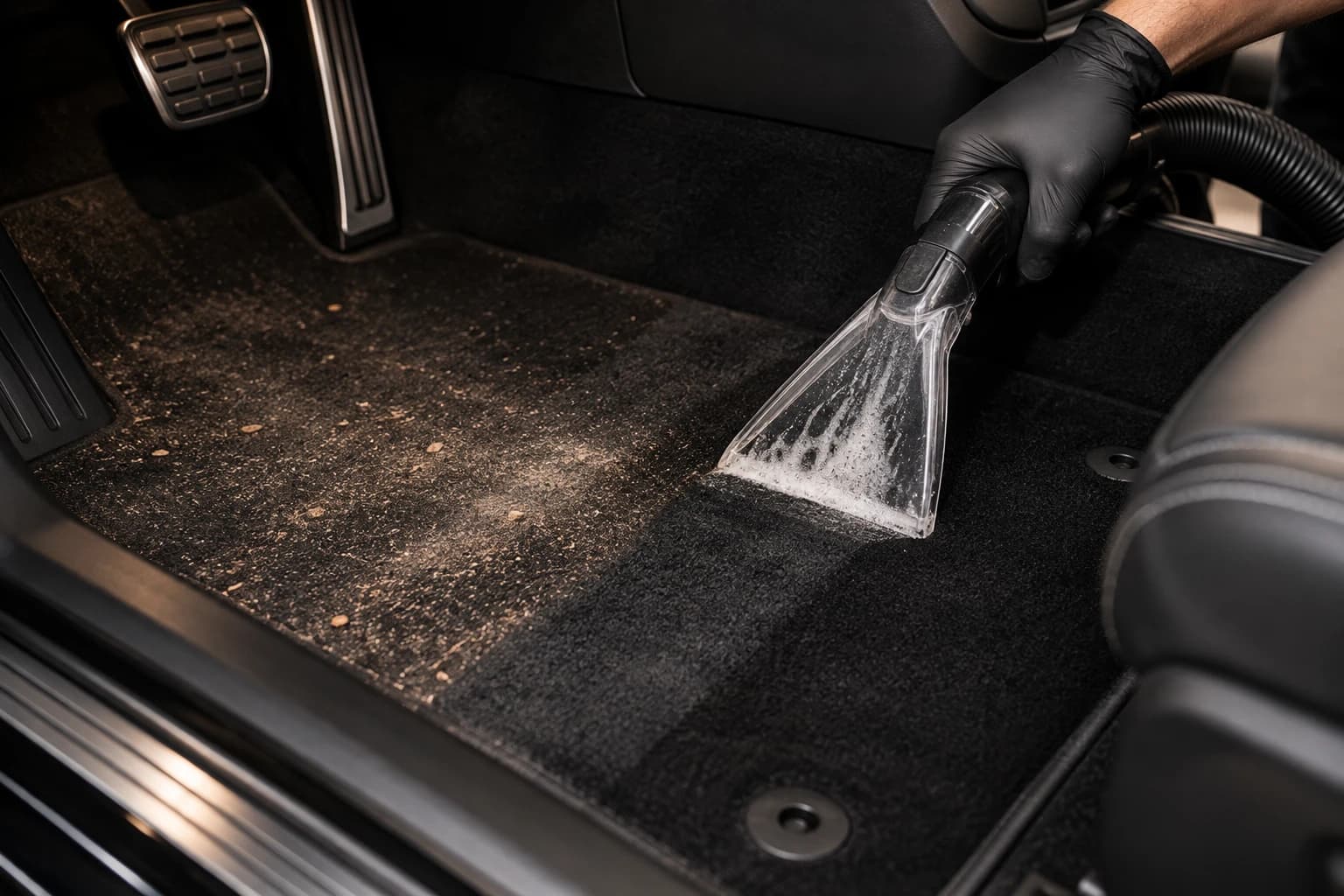Extratora higienizando o carpete de um carro