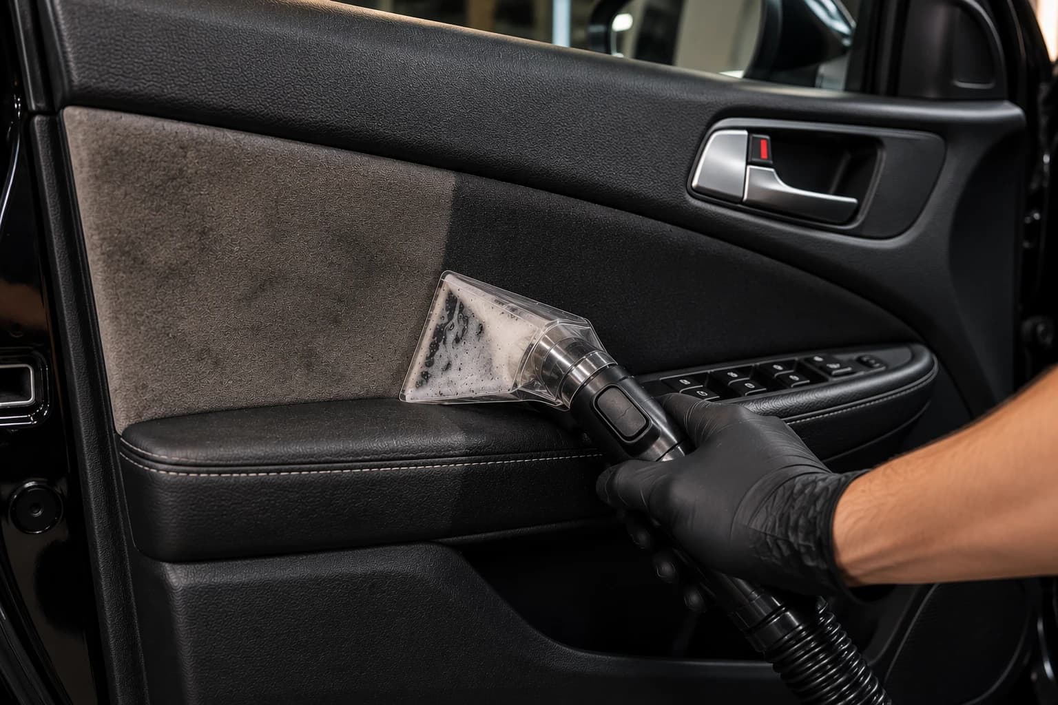 Higienização do forro de porta de um carro