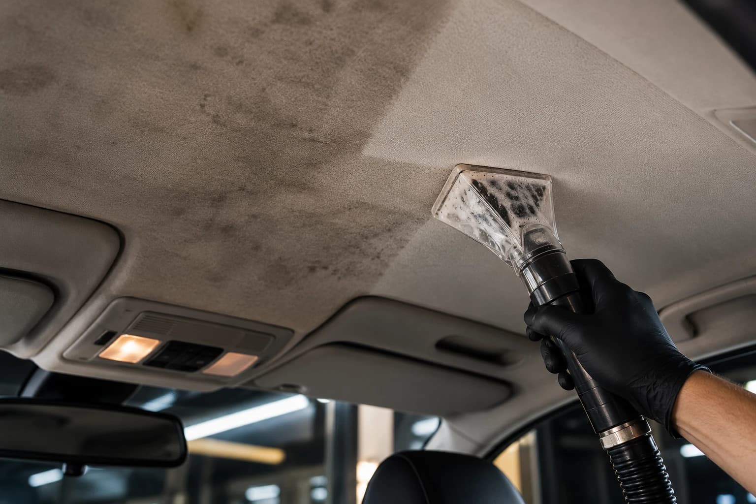 Higienização do forro do teto de um carro